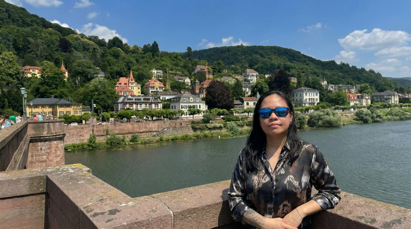 Peony Gerochi on the Old Bridge in Heidelberg, Germany, with the Neckar river and Neuenheim hillside behind.